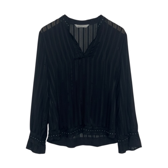 Zara Tops - Zara Blouse Women’s Size Medium Black Striped Sheer‎ Satin Silver Studded Ruffle
